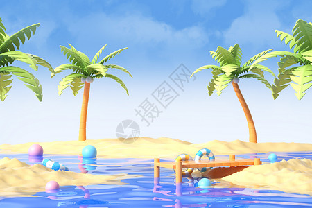 中东沙滩植物夏季沙滩水面场景设计图片