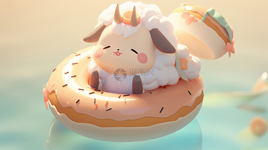 坐在甜甜圈上可爱的小羊图片