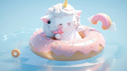 可爱动物甜甜圈泡在泳池里可爱的卡通小羊插画