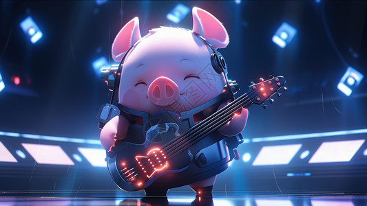 弹吉他猪在舞台上弹吉他的卡通小猪插画