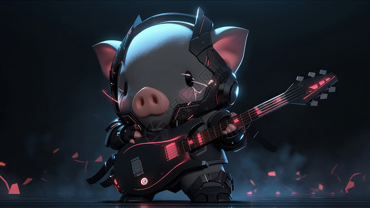 弹吉他的猪弹电吉他的炫酷小猪插画