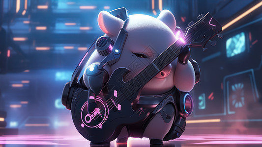 弹吉他猪站在舞台中央遮住半张脸的酷酷的小猪插画