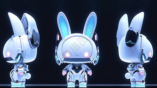 金属兔子机械卡通小白兔IP三视图插画