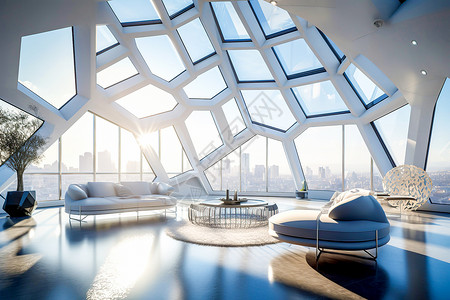 全景天窗未来主义六边形设计的豪华生活空间插画