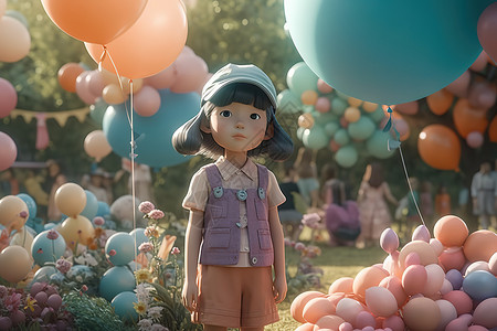 六一儿童节梦幻场景彩色缤纷气球开心的小女孩插画