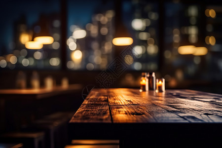 夜景桌面厚厚的木制桌面模糊的灯光插画