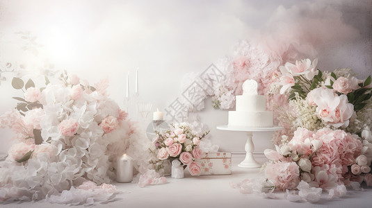 创意粉彩明亮的白粉色粉彩婚礼插画