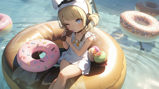 坐在甜甜圈上吃巧克力的卡通小女孩背景图片