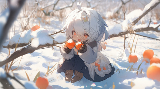 手拿雪花素材坐在雪地里手拿橘子的可爱的卡通小女孩插画