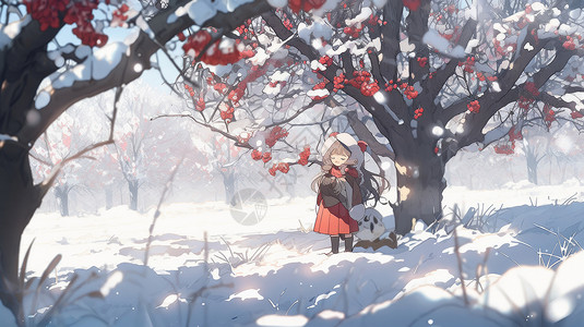 冬天站在雪地里的卡通小女孩背景图片