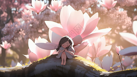 坐在巨大的粉色玉兰花树上可爱的小女孩背景图片