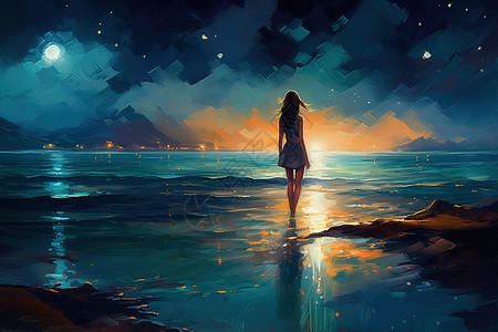 一个女孩在星光灿烂的天空下漫步在水边油画插画