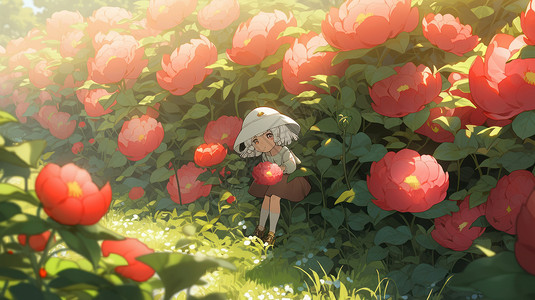 在红色花朵丛中一个可爱的小女孩背景图片