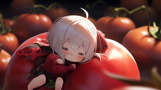躺在巨大西红柿上睡觉的可爱卡通小女孩图片
