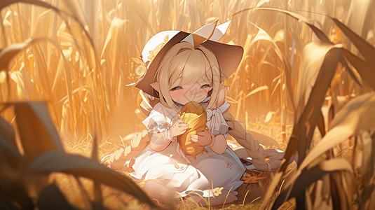 吃东西小女孩秋天坐在金黄色地里野餐的长发女孩插画