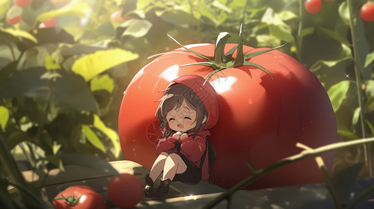 坐在巨大的红红的西红柿前的卡通小女孩背景图片