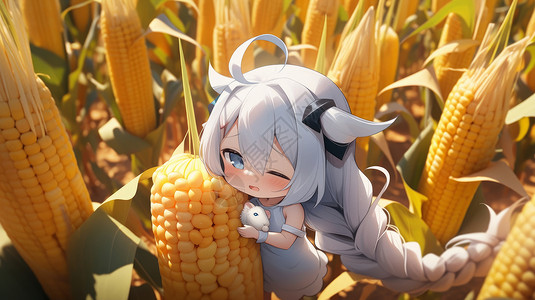 一个金黄色玉米在玉米地里一个超长发小女孩抱着一个巨大的玉米插画