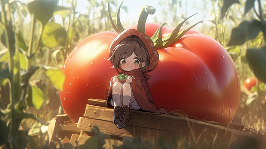 可爱的卡通小女孩坐在巨大的西红柿前背景图片
