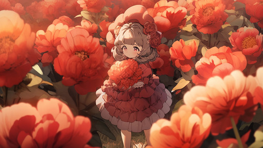 在红色花丛中一个穿红色裙子的可爱的卡通小女孩背景图片