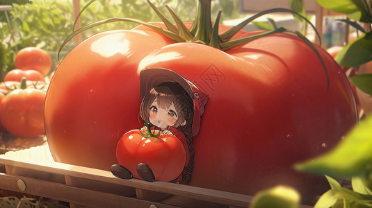 卡通可爱小女孩倚靠着超大西红柿背景图片