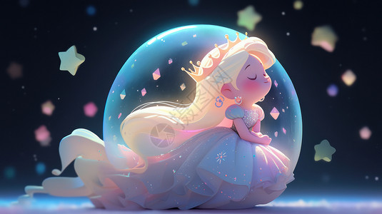 梦幻水晶球水晶球与长发小公主3D插画