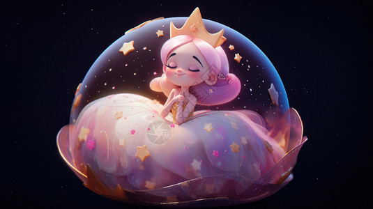 粉裙子女孩在水晶球里一个戴皇冠的长发粉裙子小公主插画