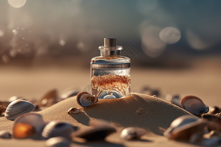 照片贝壳沙滩上的玻璃香水瓶的产品照片插画