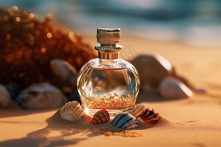 沙滩上的玻璃香水瓶产品照片图片