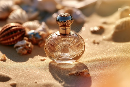 小玻璃瓶沙滩上的产品图玻璃香水瓶插画