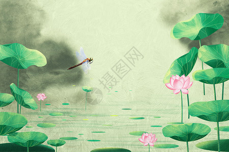 池塘蜻蜓夏季荷花背景设计图片