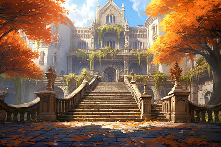 城堡庭院深秋的枫叶图片