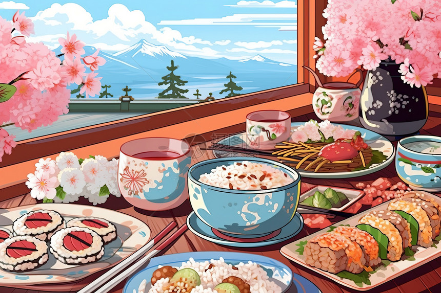日式樱花午餐卡通插画图片