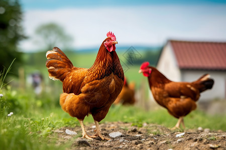 家禽农场传统散养家禽养殖场的鸡插画