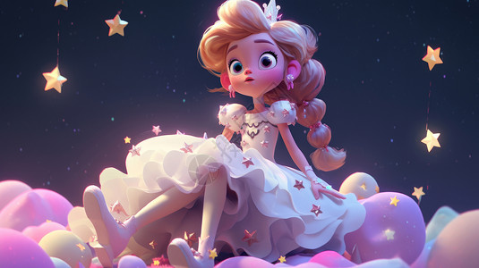 白色梦幻星星穿白色公主裙可爱的长发美丽的公主插画