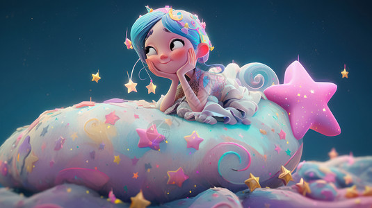 趴在星星上思考的可爱的小公主背景图片
