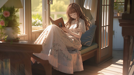 白色书房穿白色长裙的小女孩坐在榻榻米上看书插画