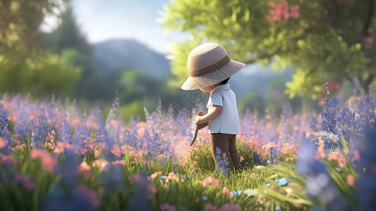 戴太阳帽的男孩站在紫色花丛中戴着草帽的小男孩插画