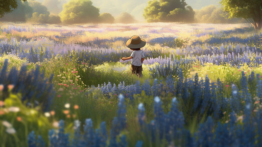 蓝色紫色花可爱的卡通小男孩站在紫色花丛中插画