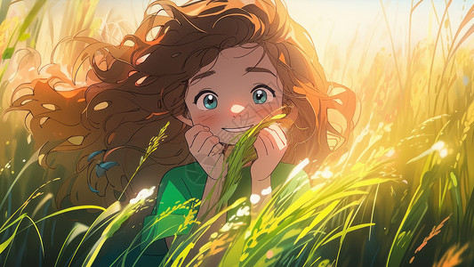 可爱的小女孩在绿色麦子地里插画