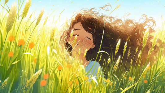 站在麦子地长发飘飘的卡通小女孩背景图片