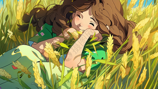躺地躺在麦子地里的长发卷发卡通小女孩插画