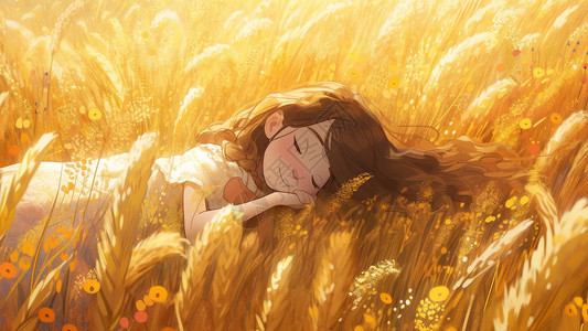 女孩躺在麦垛上躺在金色麦田里的长发卡通小女孩插画