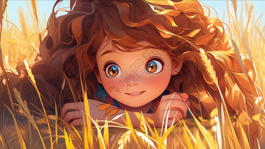 金色眼睛素材大眼睛卷发卡通小女孩趴在金色麦田里插画