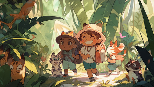 在森林里奔跑的卡通小朋友与宠物背景图片