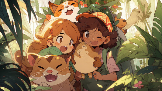 森林中快乐的卡通小女孩们与动物背景图片