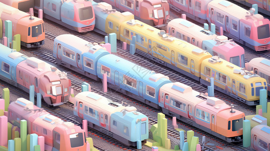马卡龙色可爱的很多火车与轨道图片