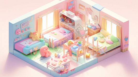 可爱的卡通马卡龙色幼儿园儿童卧室背景图片