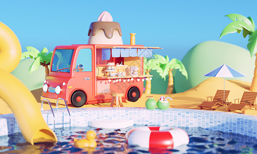 漂浮的美食3D创意夏天场景设计图片