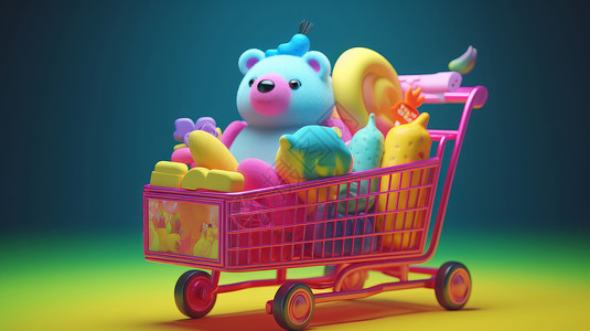 一堆玩具粉色购物车里放着一堆可爱的五颜六色的玩具插画