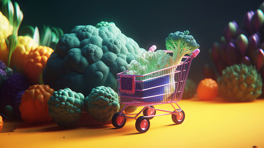 蔬菜购物粉色购物车装满了蔬菜设计图片